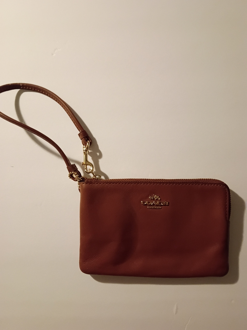 Coach Tan Leather Wristlet Clutch with Gold Hardware